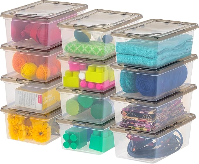 IRIS USA 12-Pack Storage Bins with Lids 7 Quart Shoe Boxes Stackable Containers Organize Shoes Closet Shelves Classroom Organization Teacher Tools Game Storage - Clear/Smoke - BPA-Free Plastic