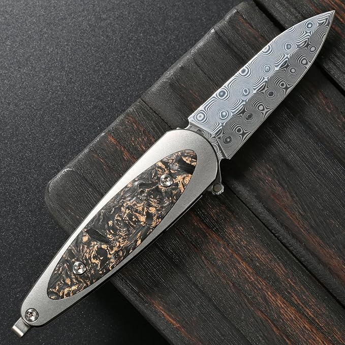 Sitivien ST228 Damascus Steel Folding Knife Copper Platinum Carbon Fiber Inlays Handle and Rose Print Pattern Blade EDC Tool Knife for Outdoor Camping Hiking Hunting(Gray) …