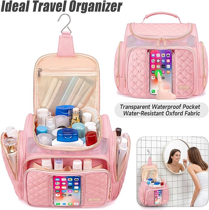 Large Toiletry Bag for Women MenBathroom BagWater Resistant Shower BagMakeup BagPortable Shower Caddy for College DormHanging Travel Toiletry Bag with Transparent Waterproof Phone Pocket