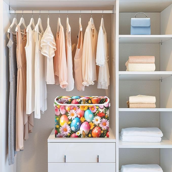 Christmas Storage Baskets with Lids Colorful Eggs and Butterflies (2) Collapsible Bins Stackable Fabric Linen Baskets Closet Organizer Container 16.5x12.6x11.8
