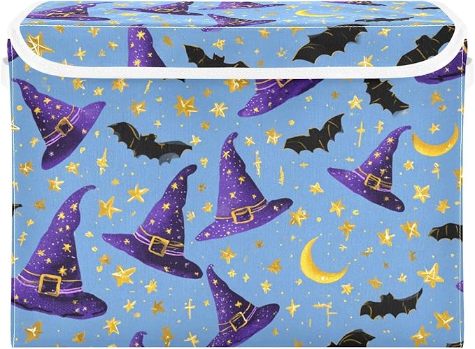 Halloween Wizard Hats Moons Stars Storage Box with Lid 1 PC Foldable Storage Bin with Lids Stackable Storage Bins Cube Closet Organizer Basket with Flip-Top Lid &amp Handles for Shoes Books To