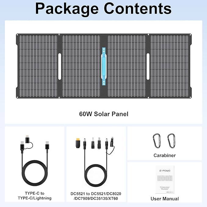 60W Portable Solar Panels Chargers with USB-C USB-A and DC Outputs Foldable IP67 Waterproof Solar Panel for CampingPower Emergency for Small Power StationPhones Power Banks