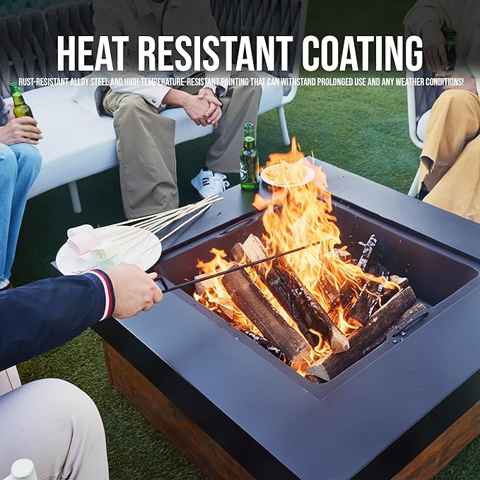 WILDMOS 36 Firepits for OutsideWood Burning Fire Pit with Wood-Grain Side PanelsFirepit for Outside with Mesh Cover &amp Fire PokerSquare Modern Outdoor Fireplace Fire Table.