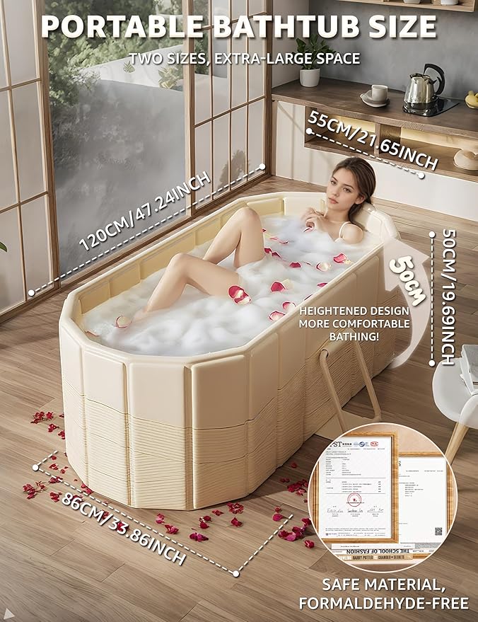 Portable Bathtub Ice Bath Tub - Foldable Collapsible Bathtub for Adult Shower Bathroom Hot SPA Soaking Cold Plunge Tub Freestanding Bathtub 47Lx22Wx20H White