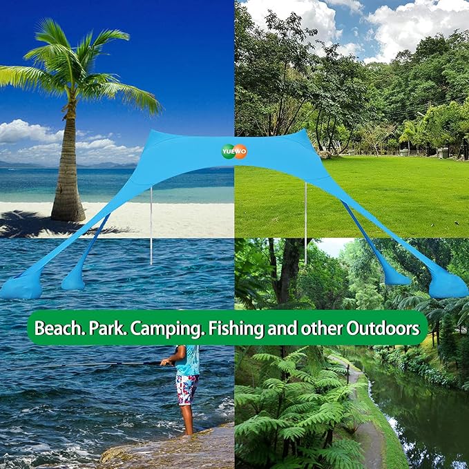 YUEWO 10x10FT Portable Family Beach Tent Sunshade Pop Up Sun Shelter 2 Poles for Beach Camping Fishing Backyard Picnic and Outdoors