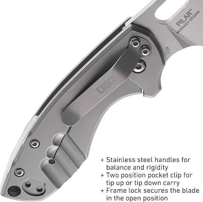 CRKT Pilar EDC Folding Pocket Knife: Compact Everyday Carry Satin Blade with Finger Choil Thumb Slot Open Frame Lock Stainless Handle Reversible Pocket Clip 5311