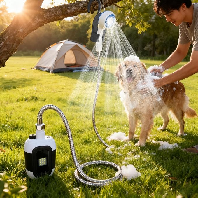 Ymiko Portable Camping Shower with Built in Light 2000mAh Battery Operated Outdoor Shower Pump with Flexible Mounting System for Camping Hiking Travel Washing Pets and Vehicles