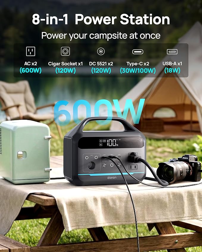 DARAN Portable Power Station 600W with 80W Solar Panel 288Wh LiFePO4 Solar Generator Dual AC Outlets 100W USB-C PD Fast Recharge for Camping RV Power Outage Emergency Backup