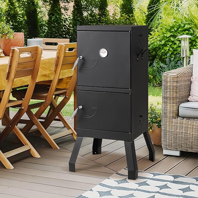 Giantex Outdoor Smoker with Double Doors 2 Detachable Grill Netting Smoking Racks Charcoal Pan &amp Water Pan 4 Air Vents Thermometer Vertical Charcoal Smoker for Barbecue Camping Backyard Grill