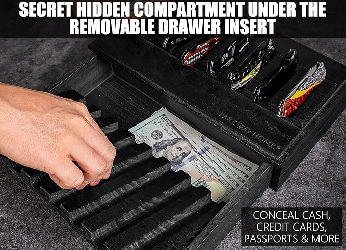 Black Pocket Knife Display Case with Sturdy Clear Cover - Wooden Knife Collection Case for 16 Knives - Two-Tier Knife Cases for Collections with a Removable Drawer Insert for Other EDC Items