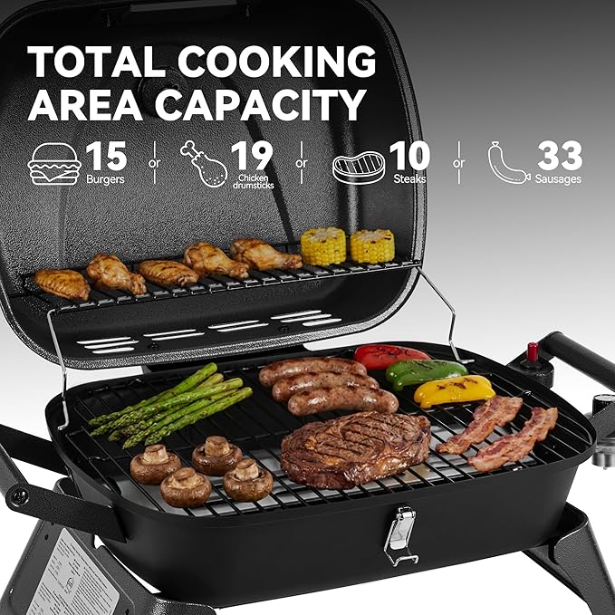 Royal Gourmet GT2006 Portable Tabletop Gas Grill 12000 BTU Output for Outdoor Camping Foldable Legs Piezo Ignition Built-in Thermometer for Tailgates and Camping Trips Dark Gray