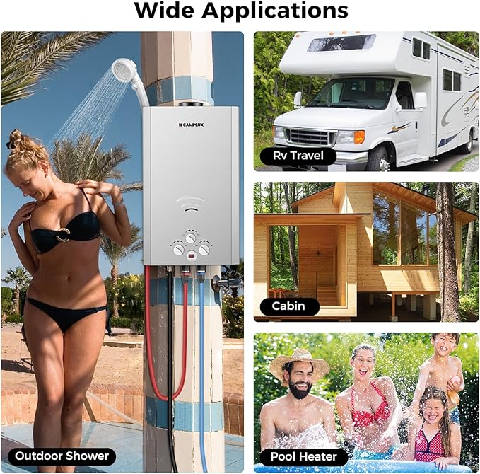 CAMPLUX Tankless Water Heater 4.22 GPM Propane Water Heater Gas 110000 BTU Outdoor Camping Water Heater Propane Shower Gray