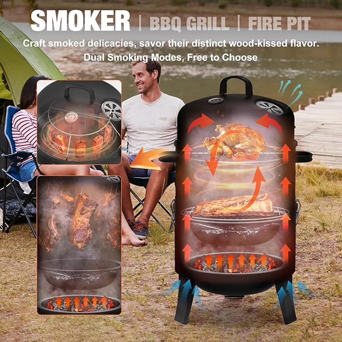 16 Charcoal Smoker 3 in 1 Heavy Duty Vertical Barbecue Grill Outdoor Fire Pit 402 Square Inches Cooking Area Versatile Outdoor Smoker Grill Black