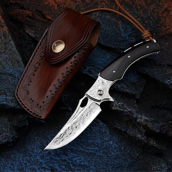 3.5 inch Japanese VG10 Damascus Steel Outdoor Folding Knife with Black Wood Handle Lined Lock EDC &amp Camping Use