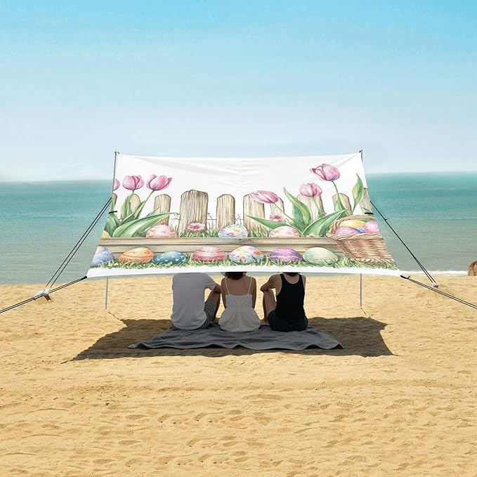 ALAZA Watercolor Wooden Fence Tulips Basket Easter Eggs Beach Tent Sun Shelter Portable Canopy Sunshade for Outdoor Camping Picnics Backyard Fun 10x9 ft