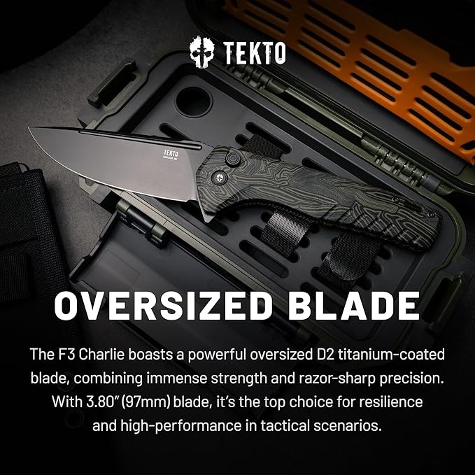 TEKTO F3 Charlie Button Lock Folding Knife Oversized Fine Edge Blade - Easy Open Pocket Knife with Titanium Coated D2 Steel &amp Black Titanium Barrel Spacers