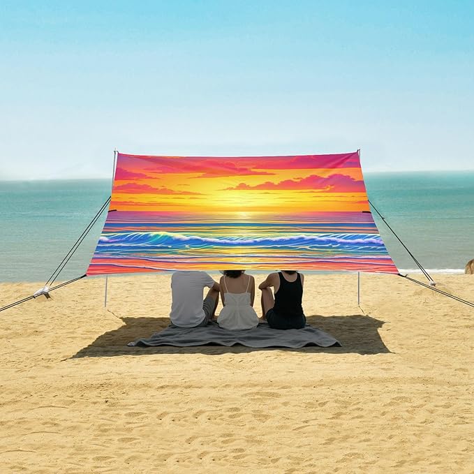 Beach Canopy with Windproof Ropes &amp Sandbags Beach Tent Sun Shade Sun Shelter for Camping Trips Fishing Backyard Fun or Picnics Sunset