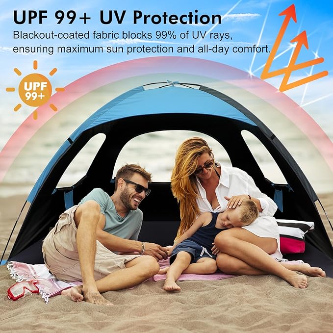 WhiteFang Beach Tent Anti-UV Portable Sun Shade Shelter for 3/4/6/8 Person Extendable Floor with 3 Ventilating Mesh Windows Plus Carrying Bag Stakes and Guy Lines