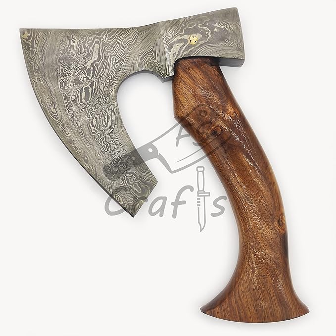 AXE002 FS Crafts 9.00 Damascus Fist Axe (Palm-Sized) Custom And Hand Forged Damascus Hunting Viking Axe Beard Axe Hatchet Wood Handle With Leather Sheath Everyday Carry Hunting Viking Axe 47 Axe