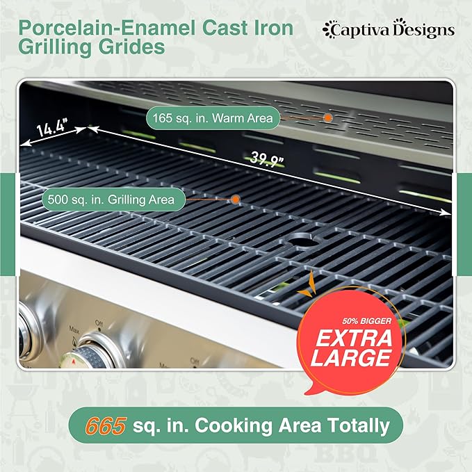 Captiva Designs 6-Burner Propane Gas BBQ Grill with Side Burner &amp Porcelain-Enameled Cast Iron Grate for Outdoor Kitchen &amp Backyard Barbecue 65800 BTU Output665 SQ.IN. Cooking AreaStainles