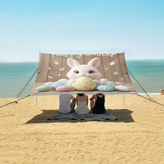 Happy Easter Beach Canopy Sun Shelter with Sandbags &amp Sand Shovel &amp Windproof Ropes - Portable 110x126 Beach Shade Beach Tent for Camping Picnics