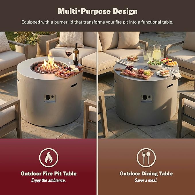 Kinger Home Loren 32-Inch Round Propane Fire Pit Table Alloy Steel Outdoor Fire Pit with 50000 BTUs Includes a Burner lid Lava Rocks and Weatherproof Cover