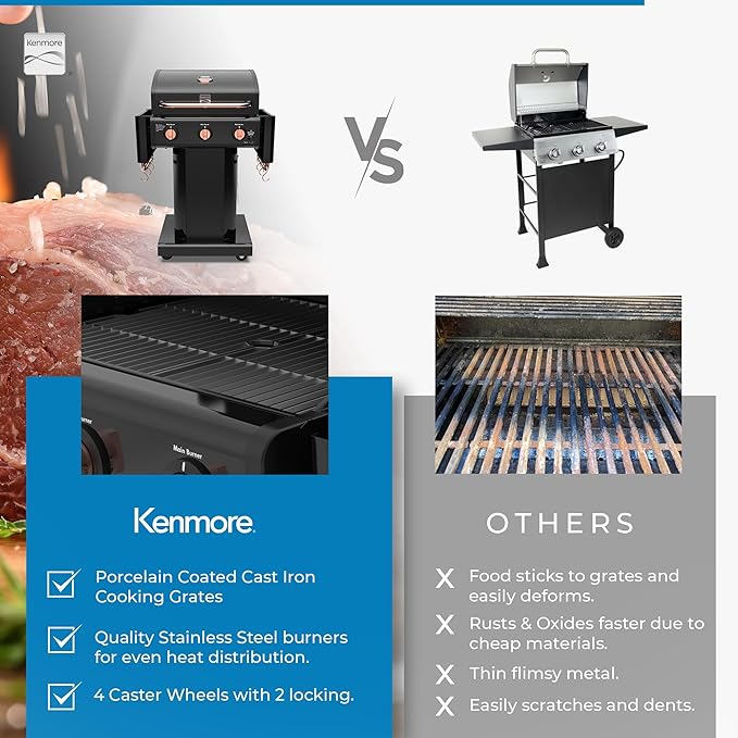 Kenmore 3-Burner Gas Grill | Foldable Side Tables Cast Iron Cooking Grates Warming Rack Hooks for BBQ Grilling Tools Propane Gas Barbecue Grill 30000 BTUs Black with Copper Accent