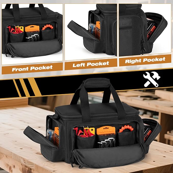 Tactical Tool Bag with Anti-friction Bottom Hand Tool Tote Storage Organizer for Men Small Range Bag for Electricians Carpenters Mechanics and Repairman Black