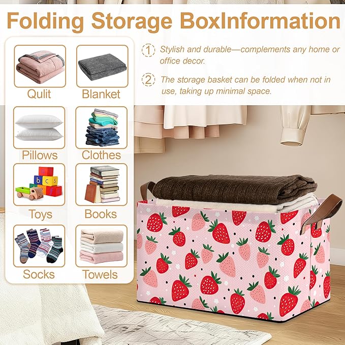 Storage Bin with Handles Cute Strawberry Collapsible Laundry Baskets for Books Laundry - Use in Nursery Closet Organizers and Storage Blanket Basket