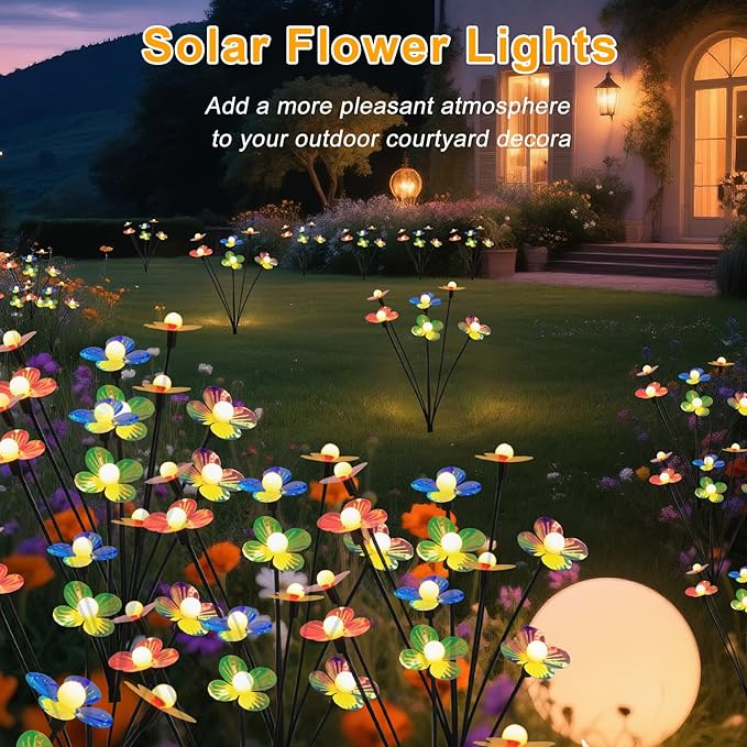 Solar Flower Lights Outdoor Waterproof 4 Pack of 32 LEDs Garden Solar Firefly Lights Decorative for Garden Yard Backyard