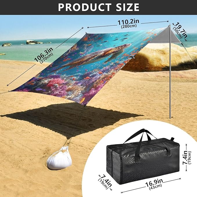 ALAZA Sea Turtle Undersea World Beach Tent Sun Shelter UPF50+ Protection Beach Shade Canopy w/ 4 Sandbags for Outdoor Camping Fishing Backyard Fun Picnic 10x9 ft