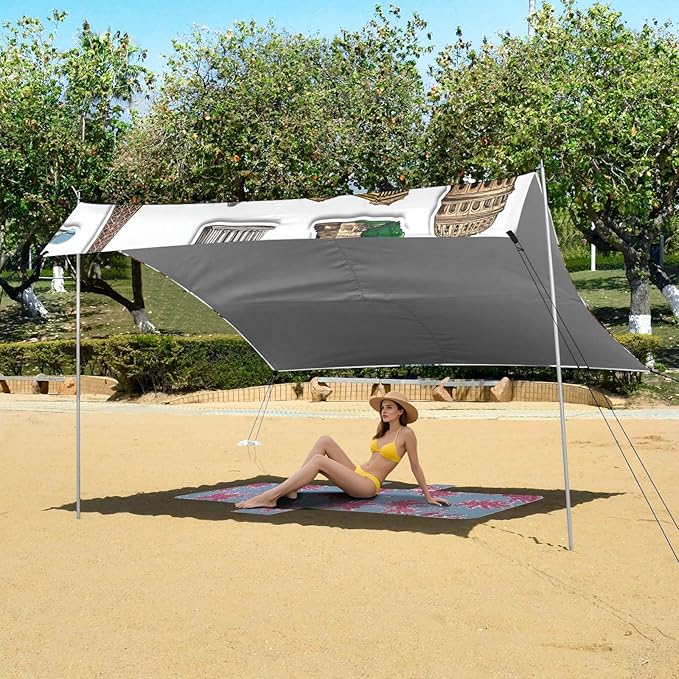 ALAZA Scenery Stickers Travel Beach Tent Sun Shelter UPF50+ Protection Beach Shade Canopy w/ 4 Sandbags for Outdoor Camping Fishing Backyard Fun Picnic 10x9 ft