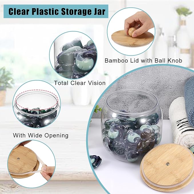 2-Pack Clear Plastic Laundry Pod Containers with Bamboo Lids &amp Seal Rings – Airtight Detergent Storage Organizer for Laundry Room/Kitchen/Bathroom Cylindrical Dishwasher Pods Container