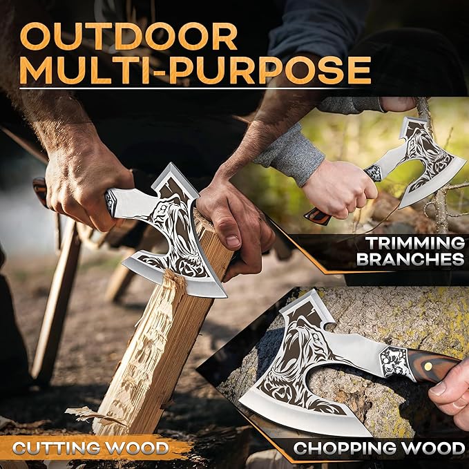 TIVOLI Camping Axe Tiger - Patterned Survival Hatchet with Nylon Sheath High Carbon Steel Blade Compact Outdoor Bushcraft Axe with Ergonomic Wood Grip Camping Gear for Hiking Chopping Hunting