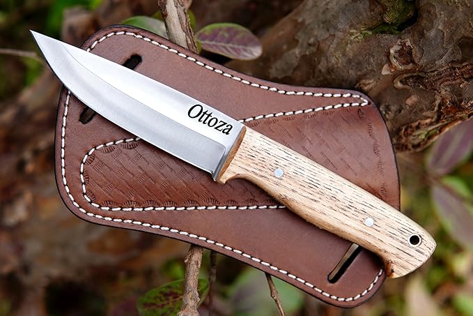 Ottoza Full Tang Bushcraft Knife with 1095 Carbon Steel Fixed Blade - Survival and Outdoor Camping Knife - Ash Wood Handle Brown Leather Sheath 403