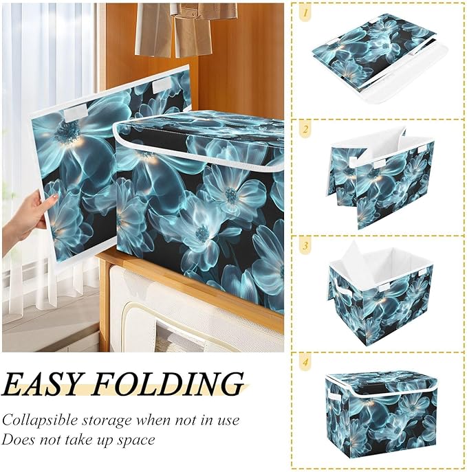 Storage Cube with Lid Clear Floral Pattern Print 16.5×12.6×11.8 IN Collapsible Large Capacity Foldable Storage Basket Bin Organizer
