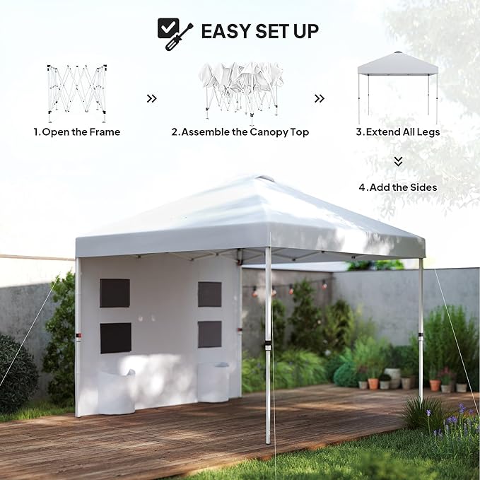 10'x10' Premium Quality Complete Height Adjustable Pop Up Canopy Tent with Sidewall Panels and Multiple Storage Pockets Pure White
