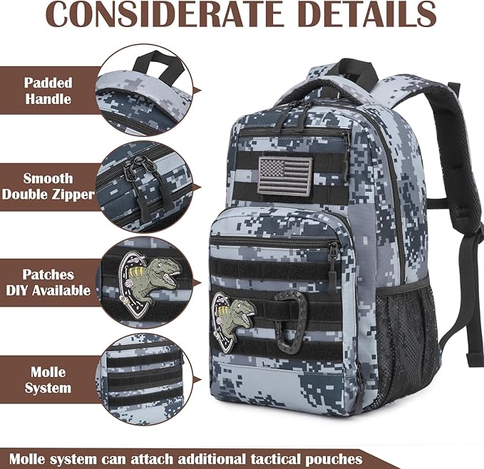 Kids Tactical Backpack Army Molle Bookbag Military Boys Backpack for School Outdoor Camping Black Digital CM