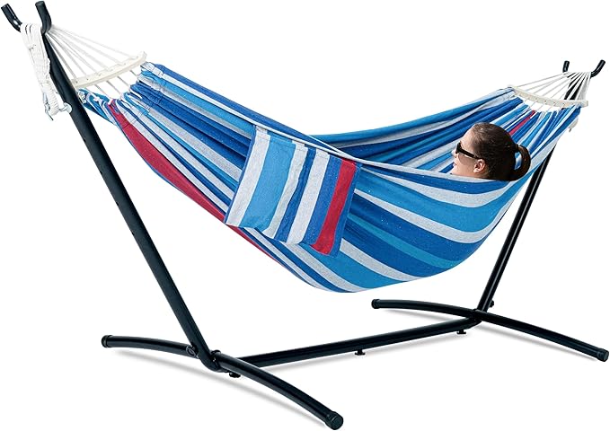 GAFETE Double Hammock with Stand for Outside Upgraded Spreader Bar Heavy Duty Space Saving Steel Stand 2 Person Convenient Pocket Easy Assembly 600lbs Weight Capacity Indoor &amp Outdoor (Rider
