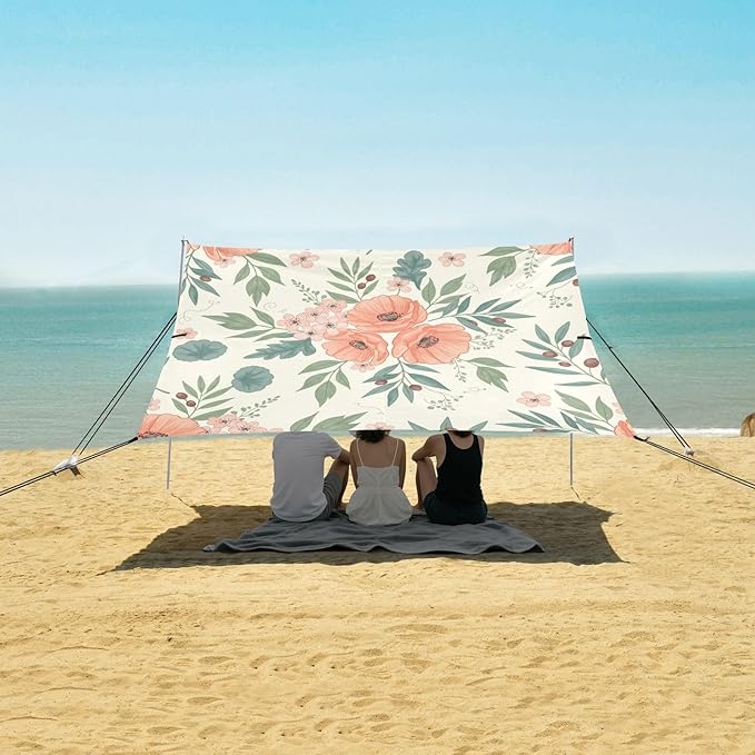 xigua Wildflowers Beach Tent Sun Shelter with Carrying Bag - Silver Coated Oxford Fabric Beach Canopy for Beach Camping Fishing - Includes Windproof Ropes Sandbags &amp Stakes