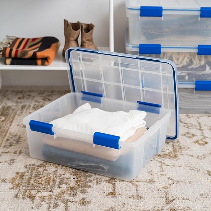 IRIS USA WeatherPro 27 Qt Storage Bins with Lids 3 Pack BPA-Free Plastic Gasket Box with Tight Latch and Seal Stackable Nestable Tote Tub - Clear/Blue