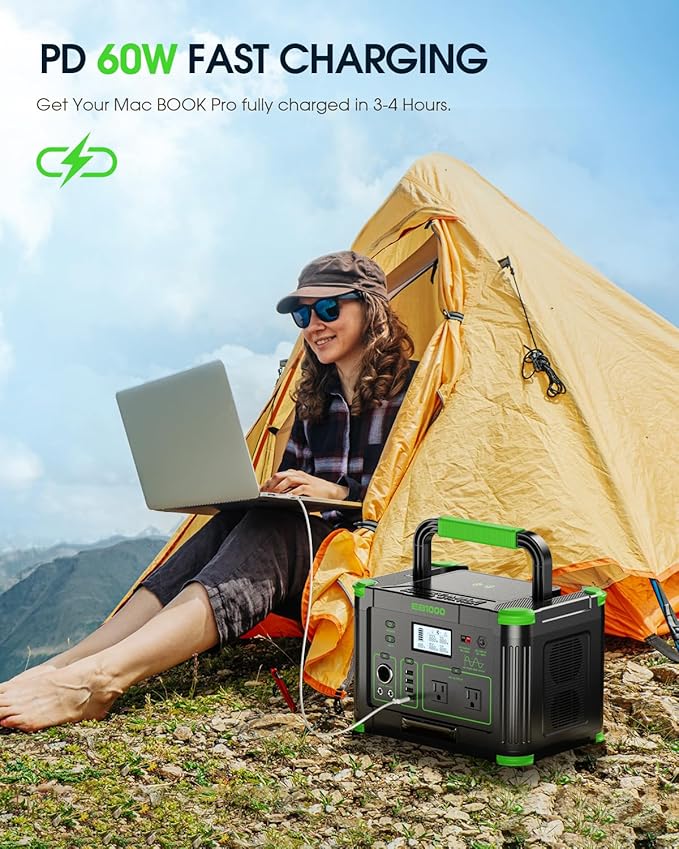 Solar Generator 1000W (Peak 2000W) 999Wh Portable Power Station with 110V Pure Sine Wave AC Outlets 60W USB-C PD Fast Charging for Home Backup RV Camping Travel &amp Emergency Off-Grid Living