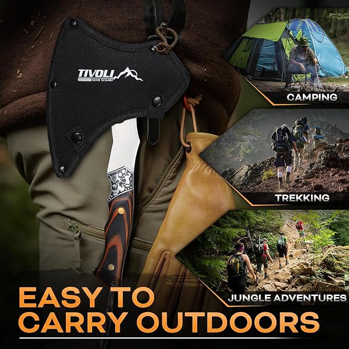 TIVOLI Camping Axe Eagle - Patterned Survival Hatchet with Nylon Sheath High Carbon Steel Blade Compact Outdoor Bushcraft Axe with Ergonomic Wood Grip Camping Gear for Hiking Chopping Hunting