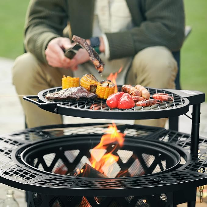 BALI OUTDOORS Fire Pit with Poker 32 inch Outdoor Fire Pit Patio Wood Burning Firepits for Outside with Grill