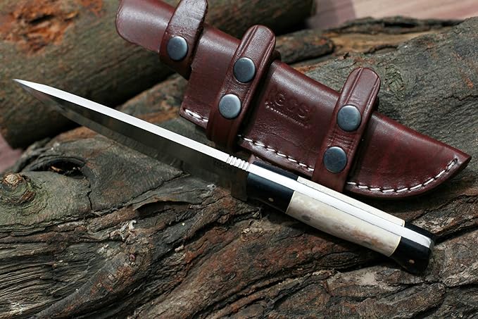 GCS Handmade D2 Tool Steel Bone Handle Hunting Skinning Camping Knife with Brown Leather Right or Left Hand Horizontal Fixed Blade Knife Sheath GCS207