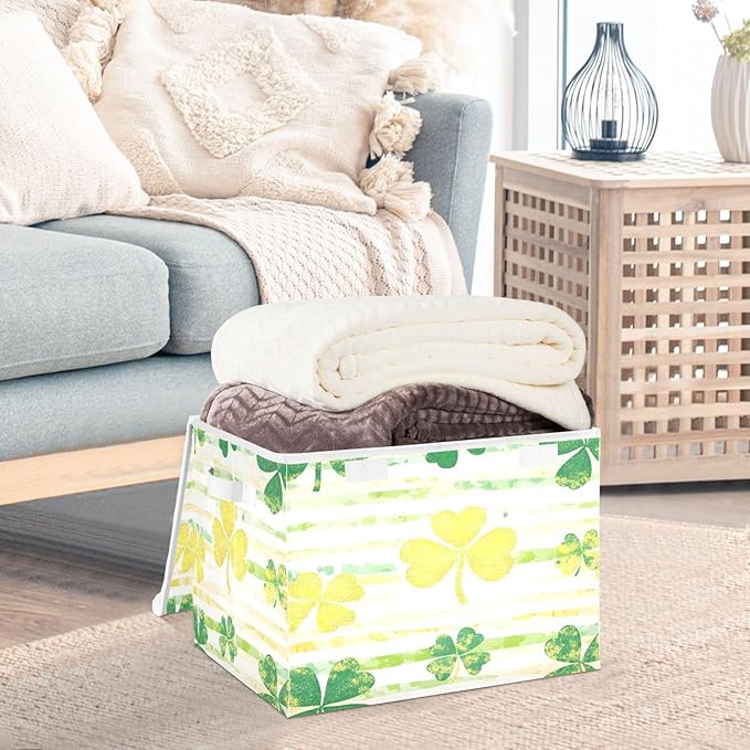 St. Patrick's Day Storage Baskets with Lids Shamrock Collapsible Bins Stackable Fabric Linen Baskets Closet Organizer Container 16.5x12.6x11.8