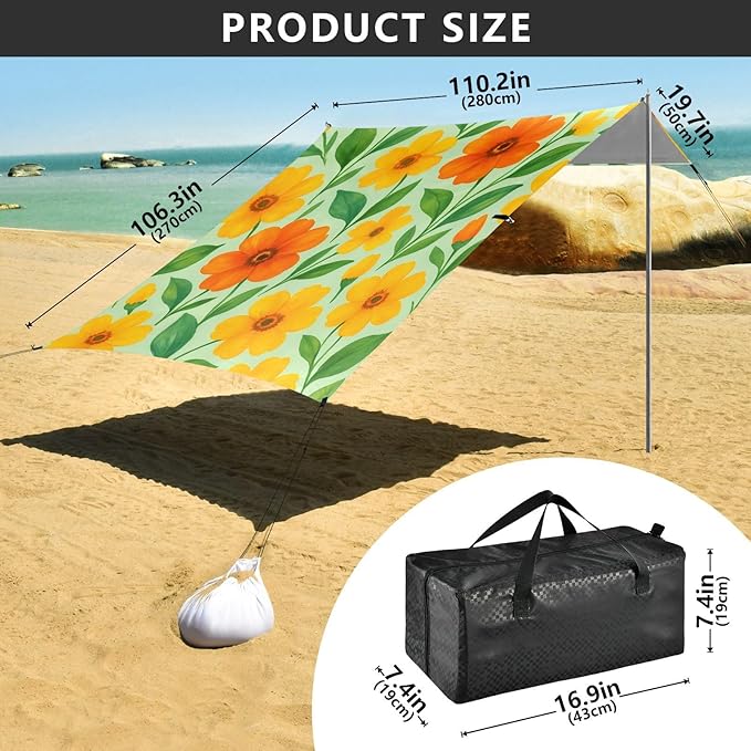 Beach Canopy with Windproof Ropes &amp Sandbags Beach Tent Sun Shade Sun Shelter for Camping Trips Fishing Backyard Fun or Picnics Flowers