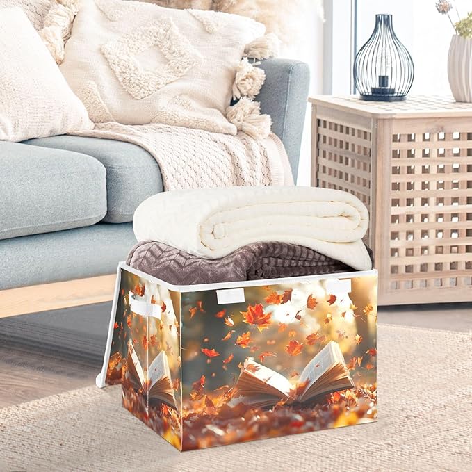 AIXIWAWA Lidded Storage Cube (Autumn Book) Fabric Foldable Closet Bins with Flip Lid and Handles Organizer Basket Container 16.5 x 12.6 x 11.8 IN
