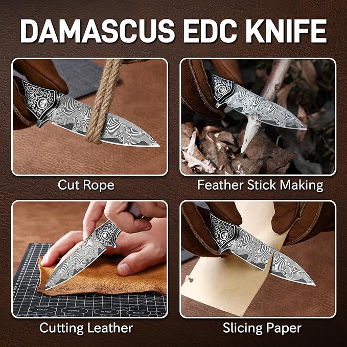 Damascus Pocket Knife Sharp 3.54 Damascus Steel Folding Knives with Wood Handle EDC Knife for Camping Hiking Collection