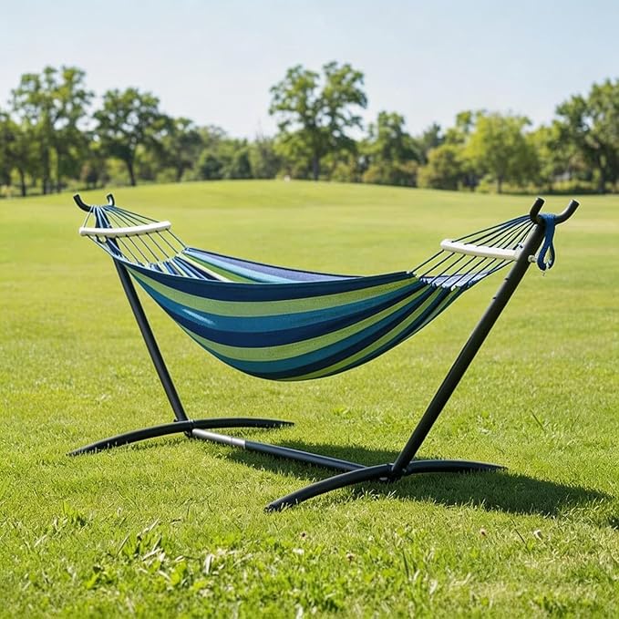 Double Hammock with Heavy Duty Steel Stand – Portable 2 Person Patio Hammock – Space Saving 9FT Frame – 450lb Capacity – Carry Bag Included – Outdoor Camping Backyard Beach – Light and